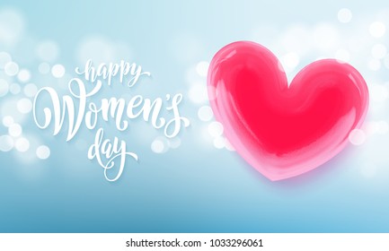 Happy women's day banner with ballon heart on romantic blue light bokeh background. Vector 8 March greetings text poster for mother's day. International women's day flyer background template