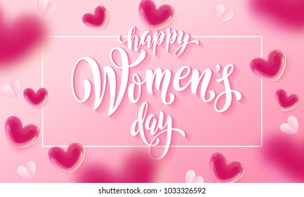 Happy women's day banner with ballon heart on romantic pink background. Vector 8 March greetings text poster for mother's day. International women's day flyer background template