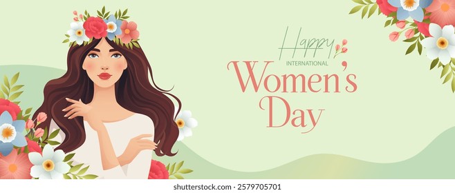 Happy Women's Day banner with beautiful woman wearing spring flowers wreath. 8 March vector banner template with pretty girl and lettering. Perfect for social media, banner, header, print, promo, web.