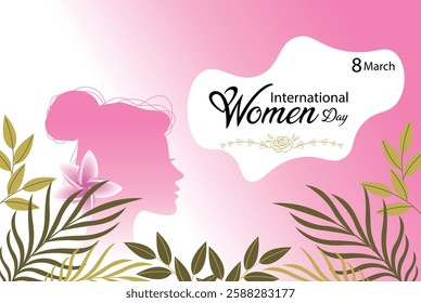 Happy Women's Day banner with beautiful woman . 8 March vector banner template with pretty girl and lettering.