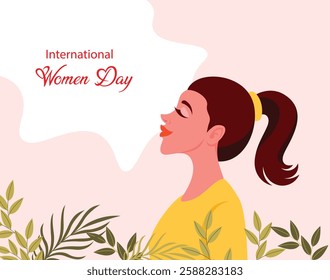 Happy Women's Day banner with beautiful woman . 8 March vector banner template with pretty girl and lettering.