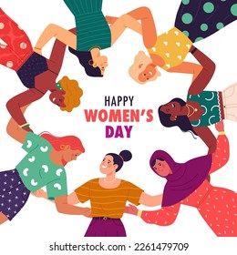 Happy Women's Day banner concept. Vector cartoon illustration of young happy women of different ethnicity and nationalities hugging each other in a circle. Isolated on white