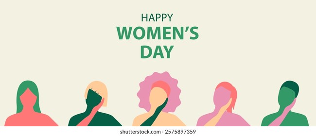 Happy Women's Day banner concept. Vector flat modern illustration of five modern women's figures supporting each other