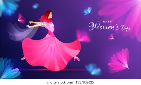 Happy Women's Day banner design with illustration of happy young girl on blurred floral background.