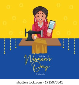 Happy women's day banner design. Indian woman is showing mobile and sitting with a tailoring machine.  Vector graphic illustration.