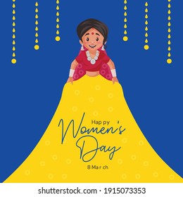 Happy women's day banner design. Indian woman is showing his dress. Vector graphic illustration.