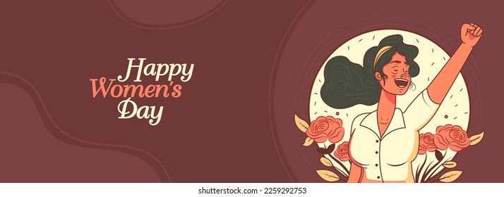 Happy Women's Day Banner Design With Cheerful Young Girl Character Raising Fist On Burnt Crimson Background.