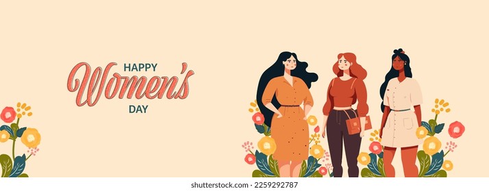 Happy Women's Day Banner Design With Fashionable Young Women Characters On Floral Decorated Background.