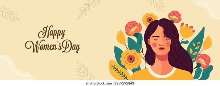 Happy Women's Day Banner Design With Young Woman Closing Her Eyes On Floral Decorated Background.