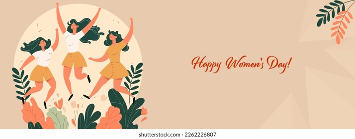 Happy Women's Day Banner Design With Fashionable Young Girls Jumping Characters On Leaves Decorated Background.