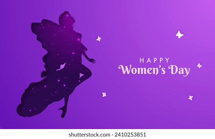 Happy Women's Day Banner Design with Paper Butterflies, Silhouette Angel on Gradient Purple Background.