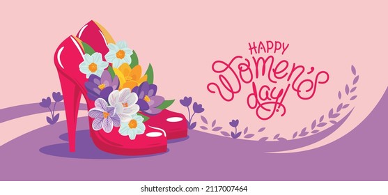 Happy women's day banner with female red shoes and bouquet of spring flowers crocuses and narcissus. Handwritten inscription. Background, flyer, invitation, advertising, promo