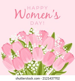 Happy Women's Day banner. Flower bouquet with light pink tulips and white flowers on pink background.