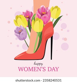 Happy women's day banner with a foot in the red shoe on the black heel and tulips around. International women's day.
