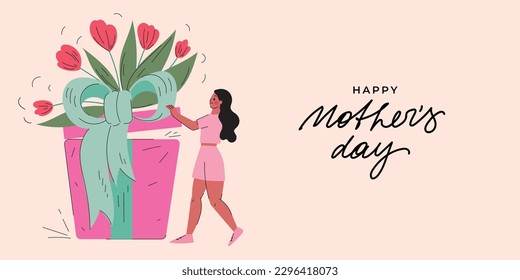 Cartel del Día de la Mujer Feliz. Chica abre una enorme caja de regalo. Bouquet de flores. Sorpresa para las mujeres de vacaciones. Alegre regalo de apertura de personajes. Día de San Valentín. 8 de marzo. Tarjeta de saludo con carta