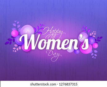 Happy Women's Day banner or greeting card design decorated with flowers on purple texture background.