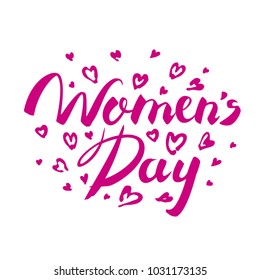Happy Women's day banner. Hand Lettering women's day greeting card for the International Womens Day with purple hearts.