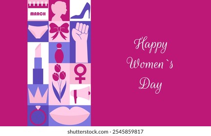 Happy Womens Day banner. Horizontal poster, greeting card, header for website. Modern neo geometric abstract background. Vector illustration