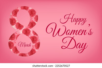 Happy Women's Day banner. International Women's Day. March 8 number decorated with red roses in paper cut style