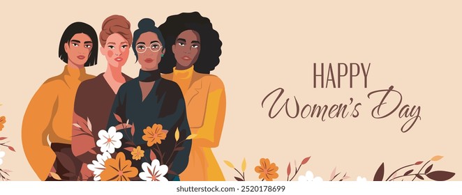 Happy Women's Day. Banner for International Women's Day. Women of different cultures and skin colors stand together surrounded by flowers. Movements for gender equality and women's empowerment.