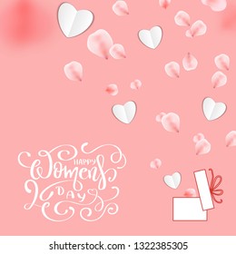 Happy Women's day banner with paper heart and rose petals. Vector 8 March greetings text poster for mother's day. International women's day flyer background template