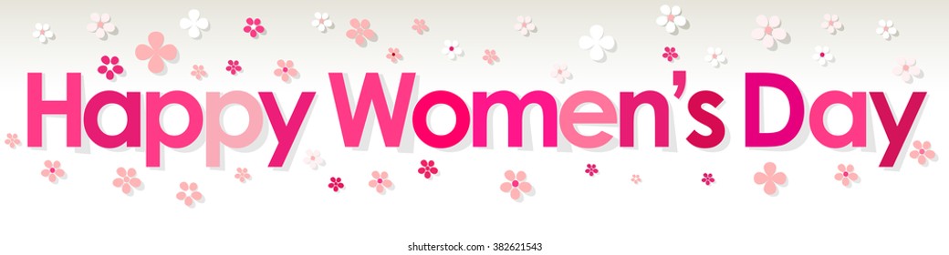 Happy Women's Day banner pink with Flowers on a white grey background.