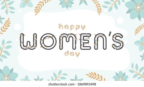Happy womens day banner. Poster with flowers, leaves and grass. Delicate blue-brown tones. Vector.