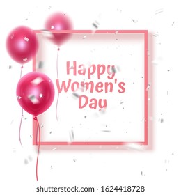 Happy Womens day banner with Realistic balloons of pink color with silk ribbons on blurred balloons backdrop. Vector Eps 10 format