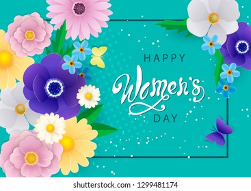 Happy Women's Day banner. Spring background with frame and paper flowers. Concept design for greeting card, poster, banner. Paper cut style. Vector illustration.