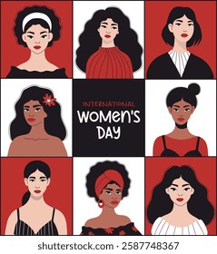 Happy Women's Day Banner. Stylish Diverse Woman. Modern Minimalist Female Portrait in repeating geometric shapes. International Holiday March 8. Vector illustration. Celebration and feminism concept