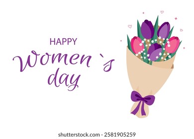 Happy Women's Day. Banner template for March 8. Calligraphic text with bouquet of pink and purple tulips. Vector illustration