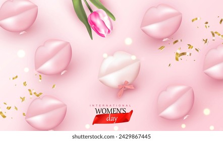 Happy women's day banner vector background. Illustration with lips balloons and tulip. Feminine power holiday design.	
