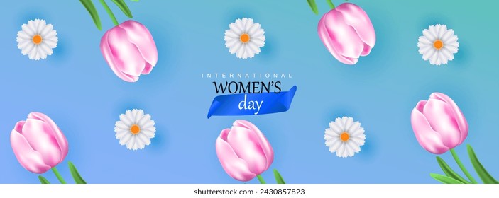 Happy women's day banner vector background with flowers. International female blue illustration with tulips. Spring nature design.