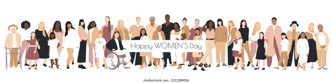 Happy Womens Day banner. Women of different ages and ethnicities stand side by side.