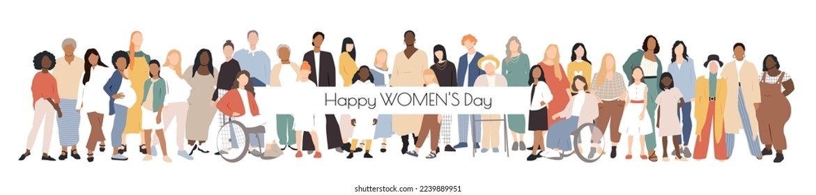 Happy Women's Day banner. Women of different ages stand together.