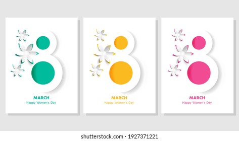 Happy Womens day banners set.Vector greeting card,invitation,poster,banner .Template for 8 March with the decor of flowers and number 8.Spring or summer time.Origami 3D flower yellow,pink,blue.