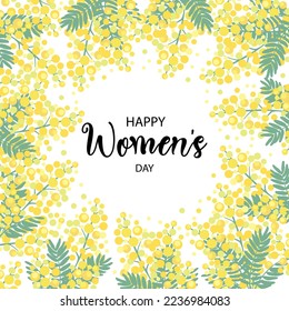 Happy Women's Day with beautiful blooming yellow mimosa flowers and green leaves. Elegant vector illustration for 8 march greeting card.