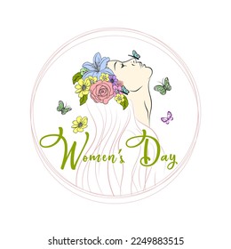 happy womens day. beautiful silhouette of a woman with butterflies and flower ornament. vector illustration