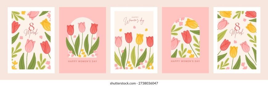 Happy Women's Day beautiful spring card set with flowers. International Women's Day posters with hand drawn tulips red, pink, yellow colors, floral frames. Vector template for holiday banner, cover.