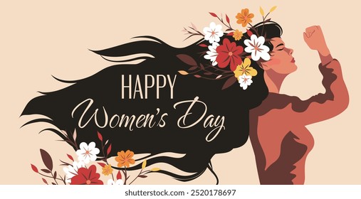 Happy Women's Day. Beautiful strong free women with beautiful hair surrounded by flowers. Vector banner with International Women's Day. Movements for gender equality and women's empowerment.