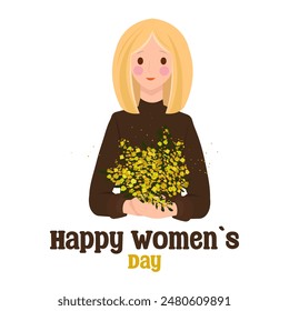 Happy Womens day. A beautiful woman with a beautiful bouquet of mimosas. Flat style vector illustration