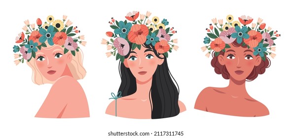 Feliz día de la mujer. Hermosas mujeres jóvenes con flores. Imagen de un cartel de primavera, tarjeta, afiche. Hermosas mujeres con flores. Chicas bonitas en la naturaleza.