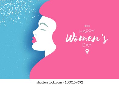 Happy Womens Day. Beauty profile. Paper cut girl head silhouette. Sprinh holidays.