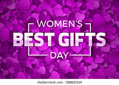 Happy Women's Day Best Gifts Vector Illustration. Typographic Design Text. Abstract Purple and Violet Color 3D Hearts Pattern Dense Structure with Subtle Texture