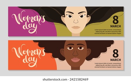 Happy Womens day billboard set. Women different races vector flat illustration. 8 March copy space card banner. Beautiful diverse women girls faces in front view. Hand lettering.