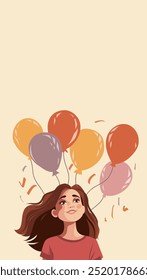 Happy Women's Day. Birthday card. Happy young girl releasing colorful balloons into the sky. Vector vertical festive banner with space for text