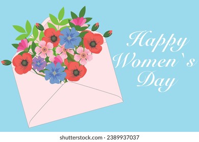Happy Women`s Day. Bouquet of spring flowers in an envelope. Spring holiday design template with pink flowers for holiday card, invitation, social media post, banner, cover, poster.