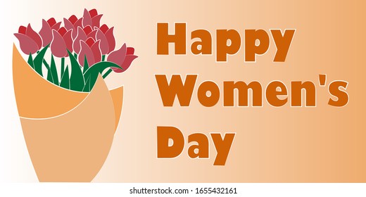 Happy Women's Day. Bouquet of tulips in the package. Congratulations to the women. Flowers Botanical concept. Vectron illustration