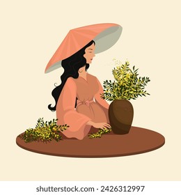 Happy Women`s Day. Brunette woman with bouquet of mimosa in vase. Girl in dress and hat with flowers. Vector illustration isolated on beige background