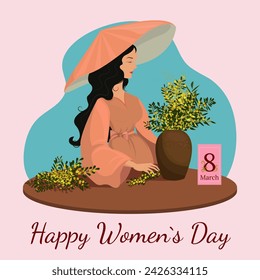 Happy women`s Day. Brunette woman with mimosa bouquet in vase on the table. Hand drawn vector illustration on blue and pink background